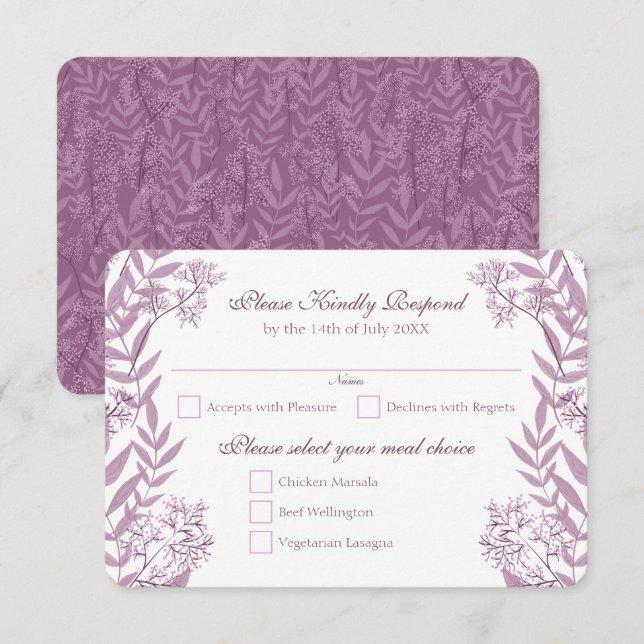 Invitation Dusty Plum violet Mariage Botanique (Devant / Derrière)
