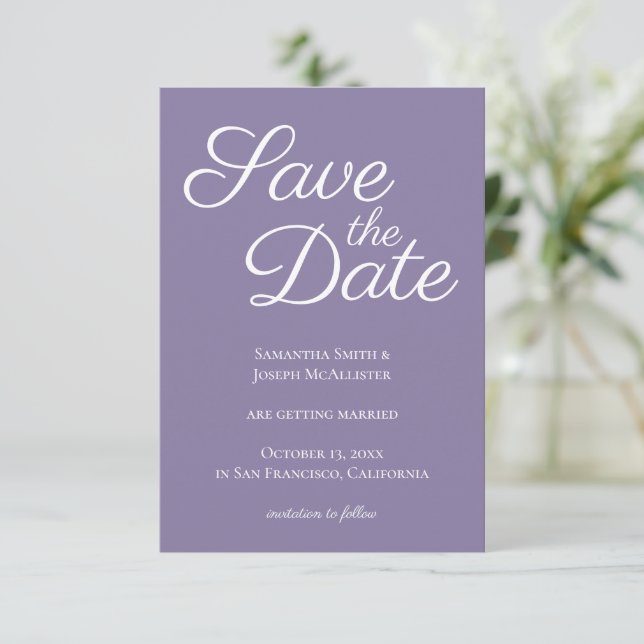 Invitation Dusty Purple and White Elegant Enregistrer la date (Debout devant)