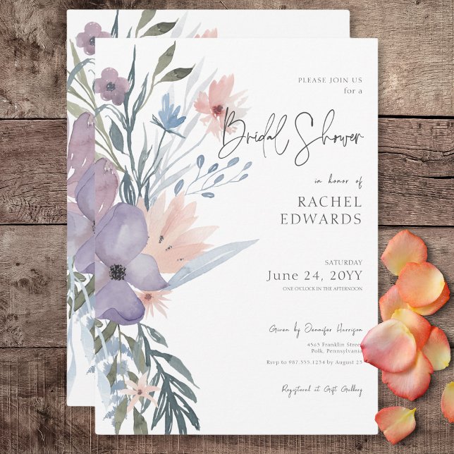 Invitation Dusty Purple & Blue Boho Fête des mariées florale (Dusty Purple & Blue Boho Floral Bridal Shower Invitation)