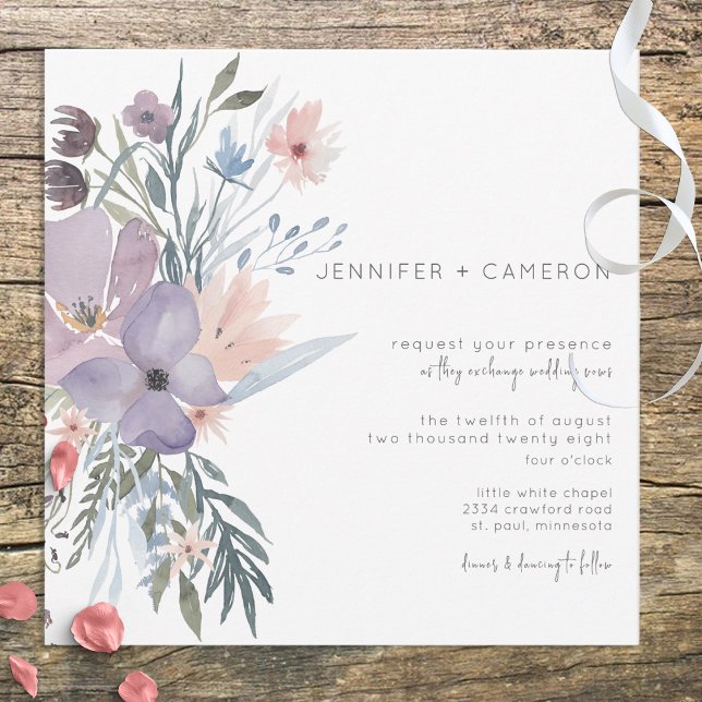 Invitation Dusty Purple & Blue Boho Floral Carré Mariage (Créateur téléchargé)