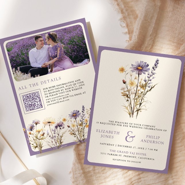 Invitation Dusty Purple Boho Fleur sauvage Photo QR Code Mari (Créateur téléchargé)