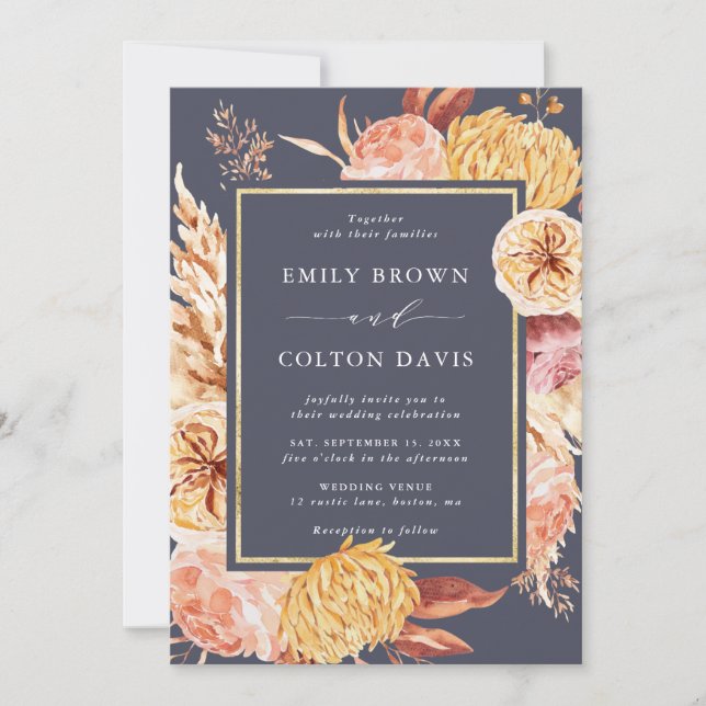 Invitation Dusty Purple Bourgogne Mariage à fleurs en terre c (Devant)
