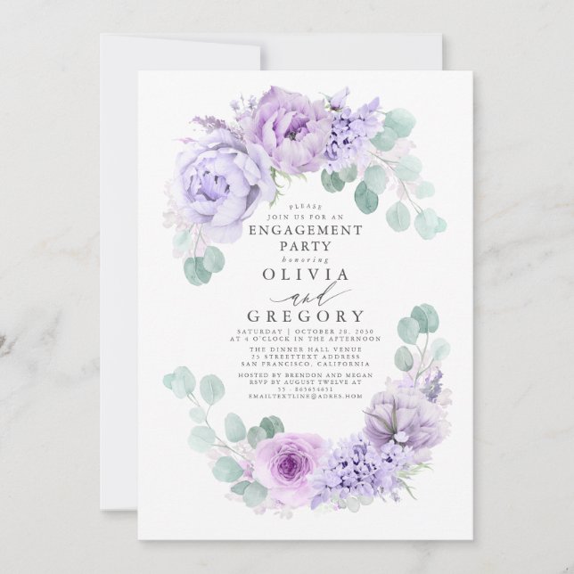 Invitation Dusty Purple Floral Élégante Partie d'engagement (Devant)