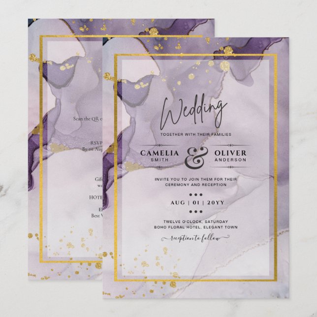 Invitation Dusty Purple Gold Alcohol Encre Mariage Abstrait (Devant / Derrière)