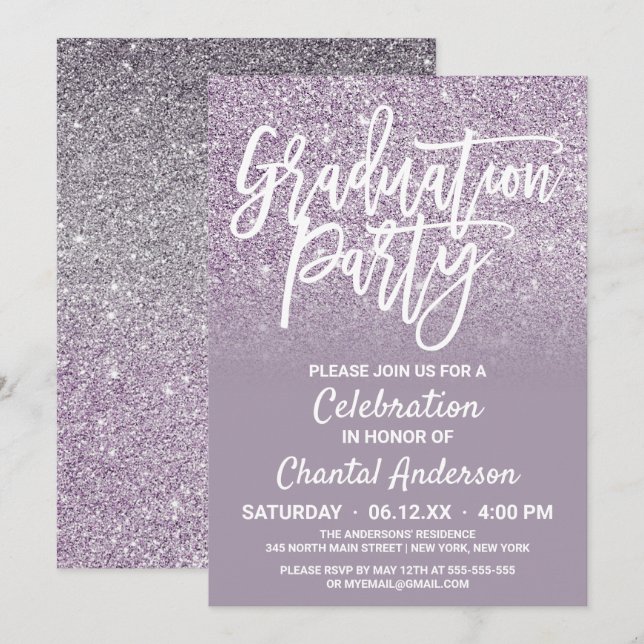 Invitation Dusty Purple Grey Faux Parties scintillant Ombre G (Devant / Derrière)