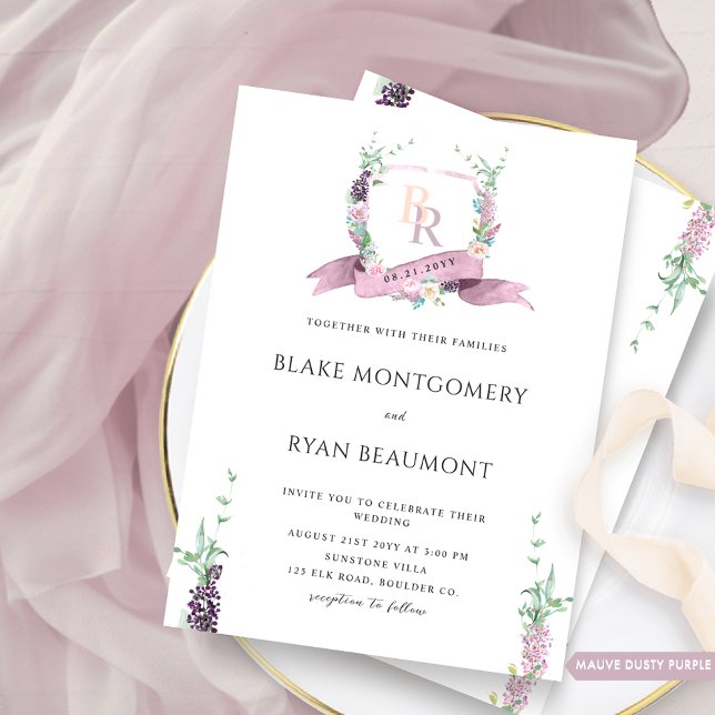 Invitation Dusty Purple, Mauve Pastel Mariage de monogramme f (Créateur téléchargé)