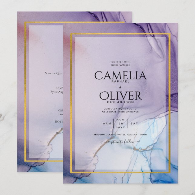 Invitation Dusty Purple Navy Blue Gold INK Wedding INVITE (Devant / Derrière)