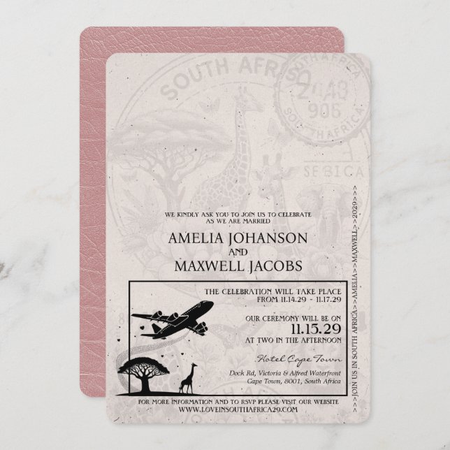 Invitation Dusty Rose Afrique du Sud Mariage de passeport (Devant / Derrière)
