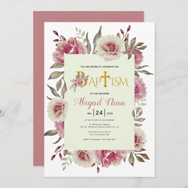 Invitation Dusty rose aquarelle fleurs fille floral baptême (Devant / Derrière)