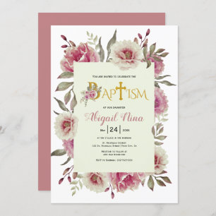 Invitation Dusty rose aquarelle fleurs fille floral baptême