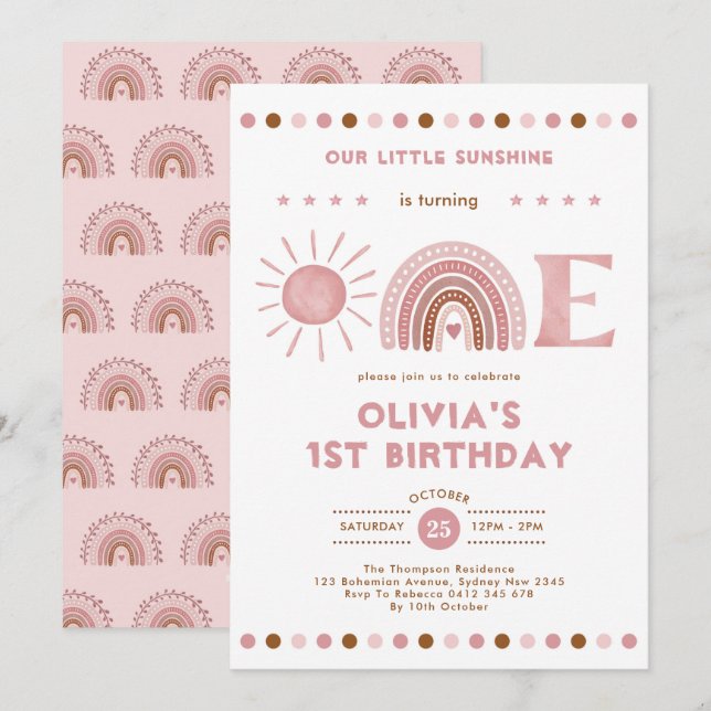 Invitation Dusty rose arc-en-ciel et soleil fille 1er anniver (Devant / Derrière)