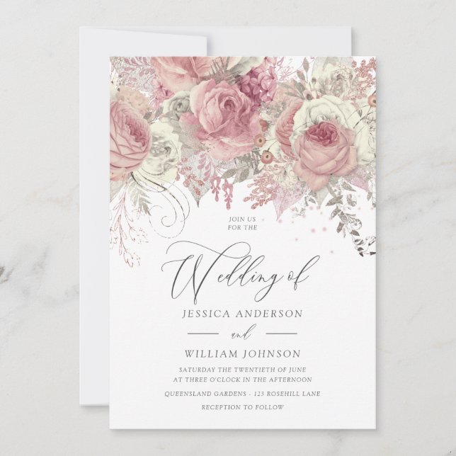 Invitation Dusty Rose Argent & Blush Enchanted Mariage floral (Devant)