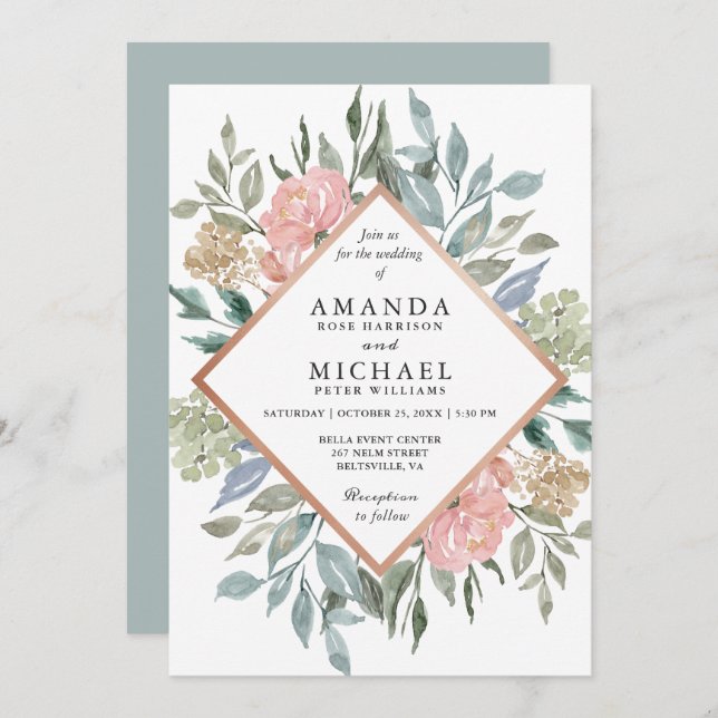 Invitation Dusty rose bleu vert rustique Mariage floral sauva (Devant / Derrière)