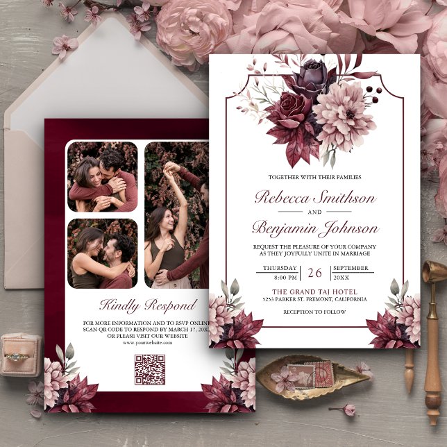 Invitation Dusty rose Bourgogne cadre floral QR Code Mariage (Créateur téléchargé)