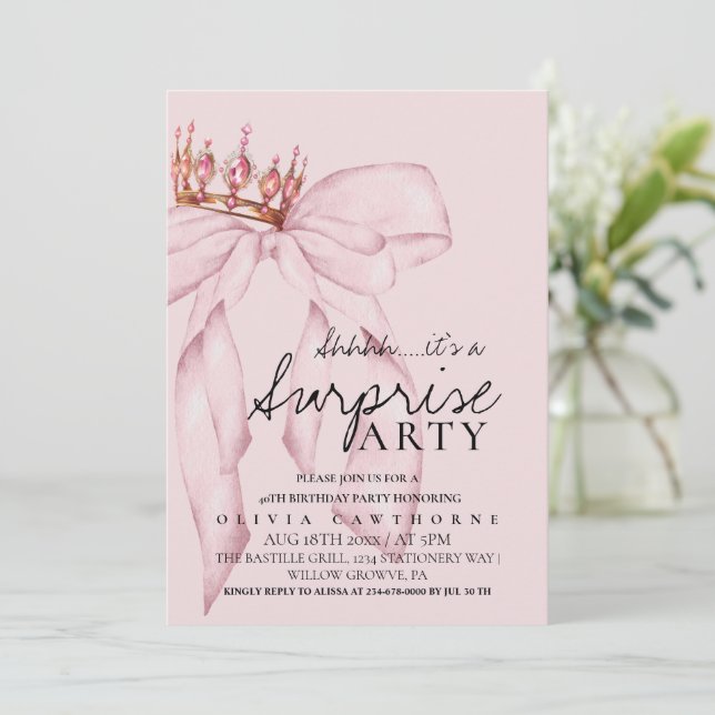 Invitation Dusty Rose Bow Surprise fête d'anniversaire (Debout devant)