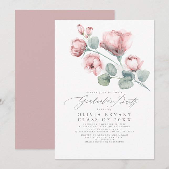 Invitation Dusty rose Elegant Boho Floral Graduation Party (Devant / Derrière)