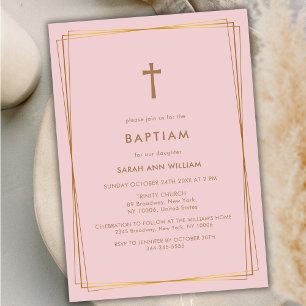 Invitation Dusty Rose Élégante Typographie Or Croix Baptême