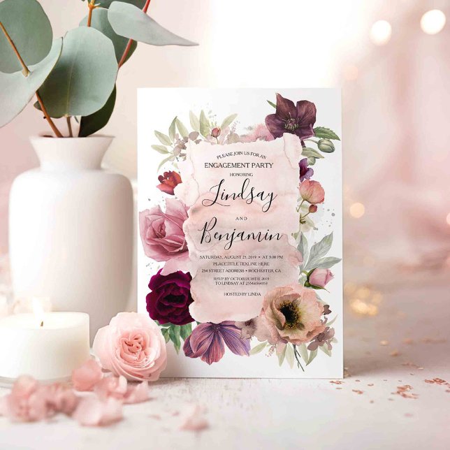 Invitation Dusty Rose et Burgundy Floral Engagement Party (Boho Blooms Burgundy Red and Pink Floral Engagement Party Invitations)