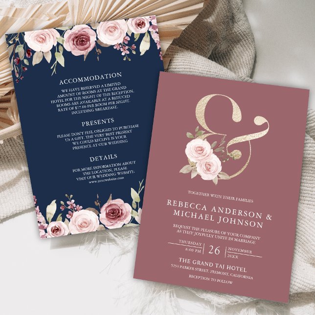 Invitation Dusty Rose Floral Ampersand Navy Blue Mariage (Créateur téléchargé)
