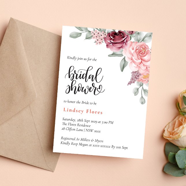 Invitation Dusty Rose Floral Elegant Fête des mariées aquarel (Créateur téléchargé)