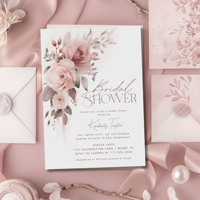 Invitation Dusty Rose Floral Élégant Fête des mariées minimal (Créateur téléchargé)
