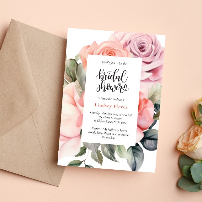 Invitation Dusty Rose Floral Élégant Fête des mariées minimal (Créateur téléchargé)