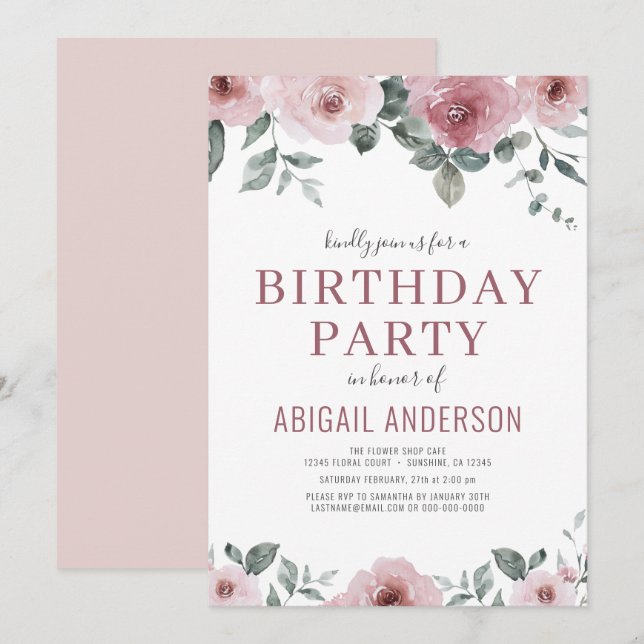 Invitation Dusty Rose Floral fête d'anniversaire n'importe qu (Devant / Derrière)