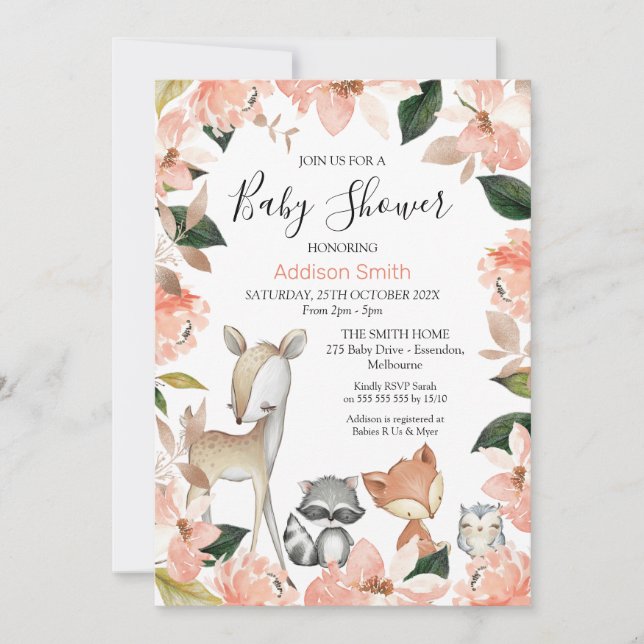 Invitation Dusty Rose Floral Girls Baby shower de bois Invi (Devant)