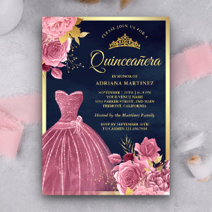 Invitation Dusty rose Floral Gown Navy Blue Gold Quinceanera
