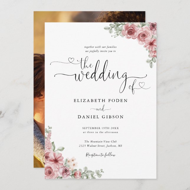 Invitation Dusty Rose Floral Hearts Script Mariage photo (Devant / Derrière)
