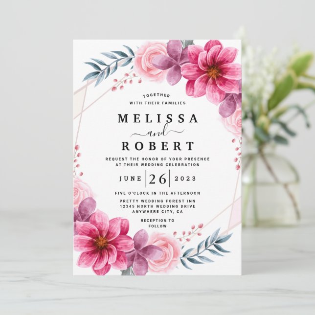 Invitation Dusty rose Floral Mariage de verdure géométrique (Debout devant)
