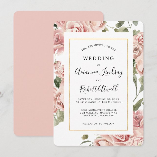 Invitation Dusty Rose Floral Mariage Gold Frame (Devant / Derrière)