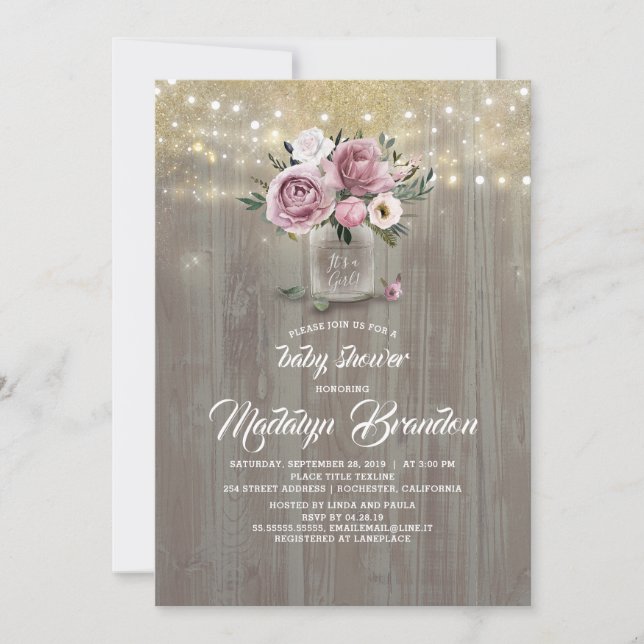 Invitation Dusty Rose Floral Mason Jar Baby shower rustique (Devant)