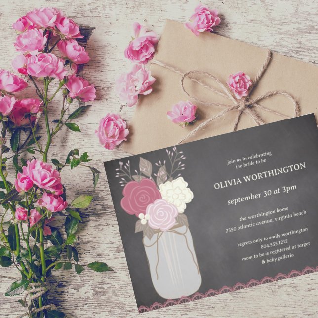 Invitation Dusty Rose Floral Mason Jar Fête des mariées (Créateur téléchargé)