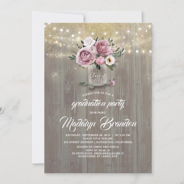 Invitation Dusty Rose Floral Mason Jar Rustic Graduation (Devant)