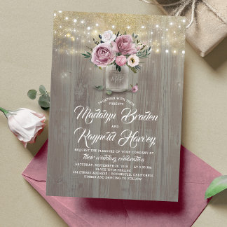 Invitation Dusty Rose Floral Mason Jar Rustic Mariage