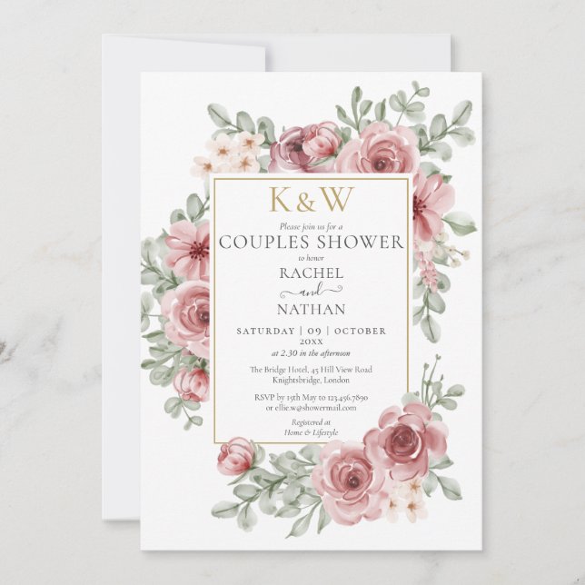 Invitation Dusty Rose Floral Or Monogram Couples Douche (Devant)