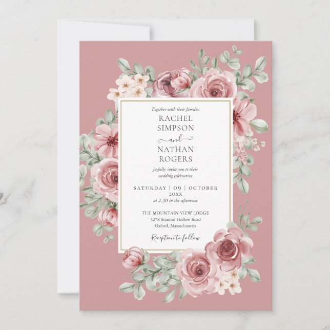 Invitation Dusty Rose Floral QR Code Mariage (Devant)