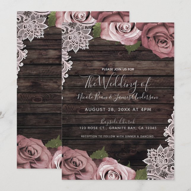 Invitation Dusty rose Floral Rose Rustique Bois et Mariage de (Devant / Derrière)