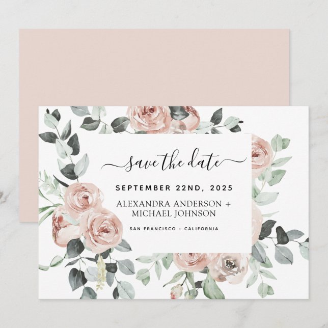 Invitation Dusty rose floral vert Enregistrer la date (Devant / Derrière)