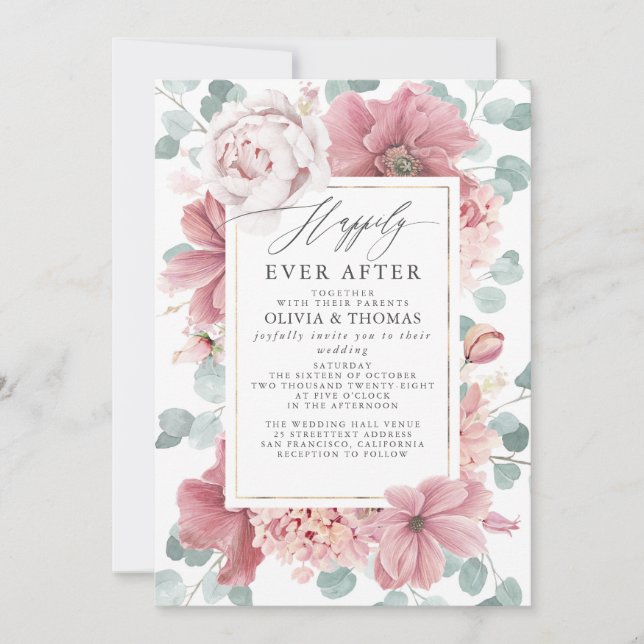 Invitation Dusty Rose Flowers Happily Ever After Wedding (Devant)