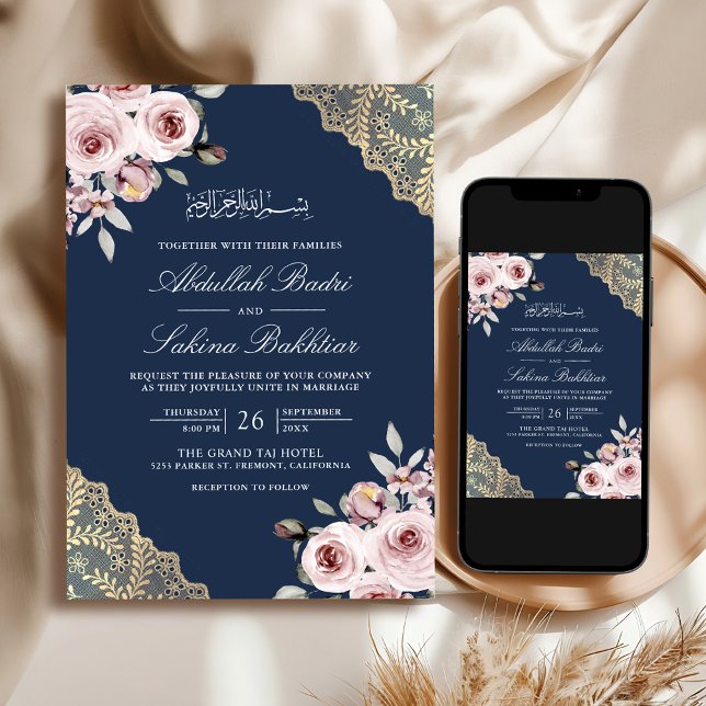 Invitation Dusty Rose Gold Lace QR Code Marine Musulman Maria (Créateur téléchargé)