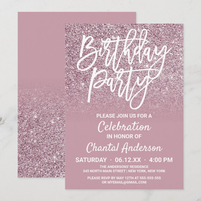 Invitation Dusty Rose Gold Pink Parties scintillant Ombre Ann (Devant / Derrière)