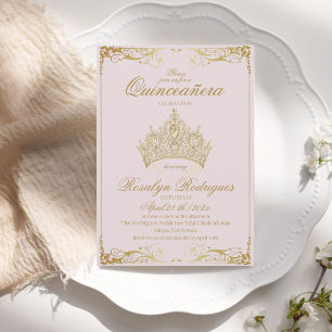 Invitation Dusty Rose Gold Tiara Princess Quinceañera