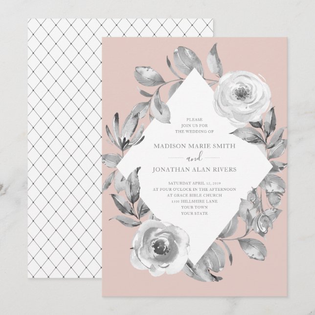 Invitation Dusty Rose Gris Floral Diamond Mariage (Devant / Derrière)