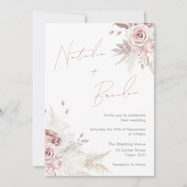 Invitation Dusty Rose & Ivory Modern Script Mariage floral (Devant)