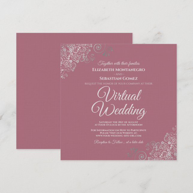 Invitation Dusty Rose & Lacy Silver Elegant Mariage virtuel (Devant / Derrière)