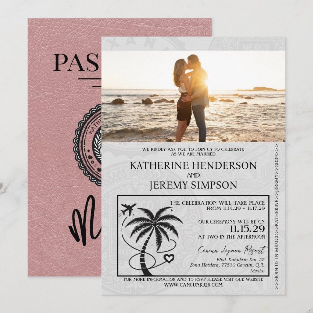 Invitation Dusty Rose Mexique Mariage de passeport (Devant / Derrière)