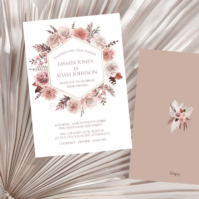Invitation Dusty Rose Pampas Mariage Boho Grass  (Boho Dusty Pink Dried Flowers Wreath Wedding Invitation)