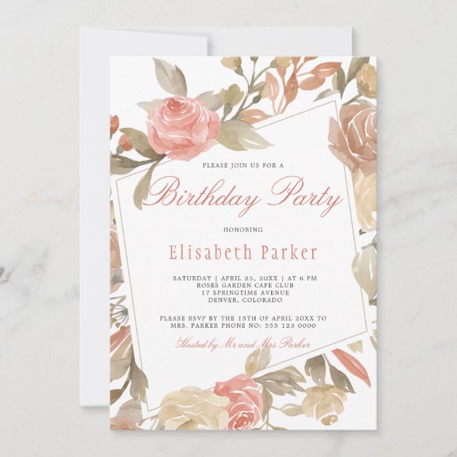 Invitation Dusty Rose Peach Cream Floral Anniversaire Party (Devant)